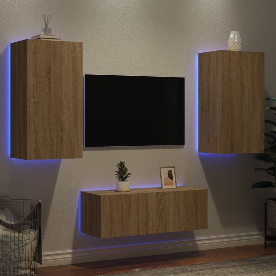 Muebles TV pared con LED 4 pzas madera ingeniería roble