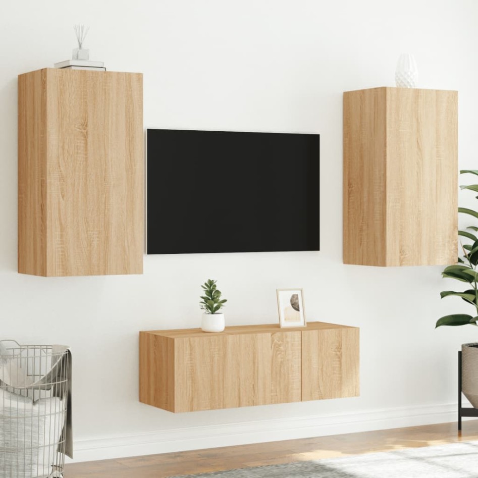 Muebles TV pared con LED 4 pzas madera ingeniería roble