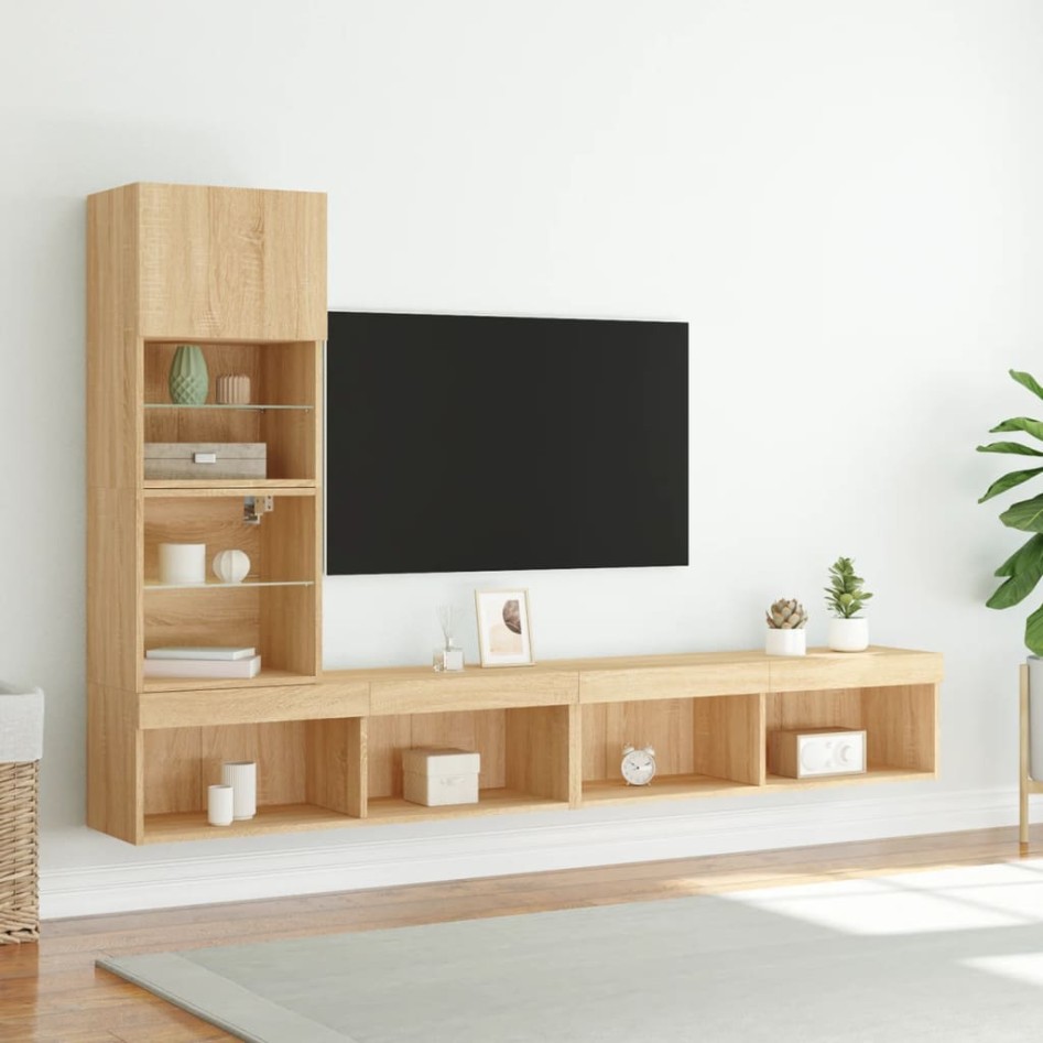 Muebles TV pared con LED 4 pzas madera ingeniería roble