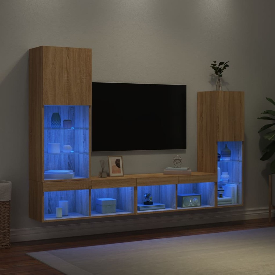 Muebles TV pared con LED 4 pzas madera ingeniería roble