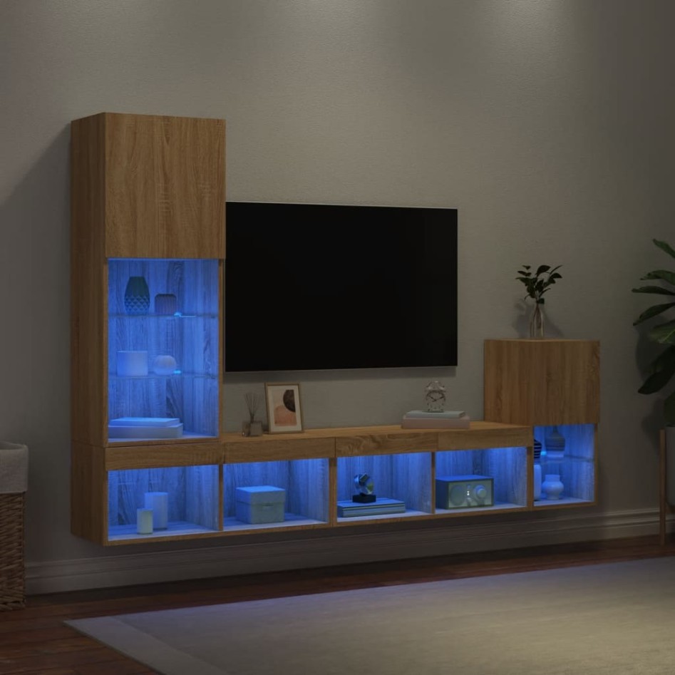 Muebles TV pared con LED 4 pzas madera ingeniería roble