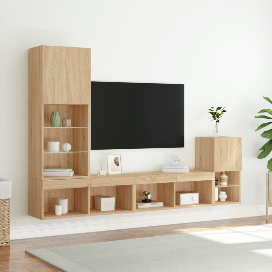 Muebles TV pared con LED 4 pzas madera ingeniería roble