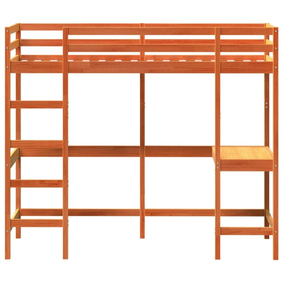 Cama alta con escritorio madera maciza pino marrón 75x190