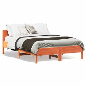 Estructura cama con cabecero madera pino marrón cera 140x190
