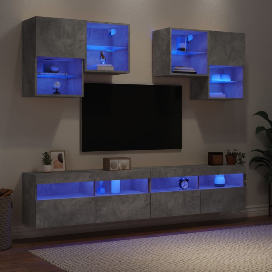 Muebles de TV de pared con luces LED 6 piezas gris