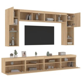 Muebles de TV de pared con luces LED 8 piezas roble
