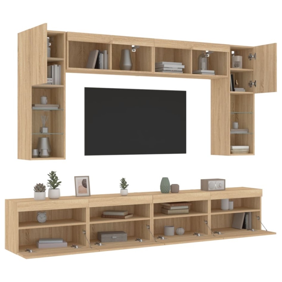 Muebles de TV de pared con luces LED 8 piezas roble