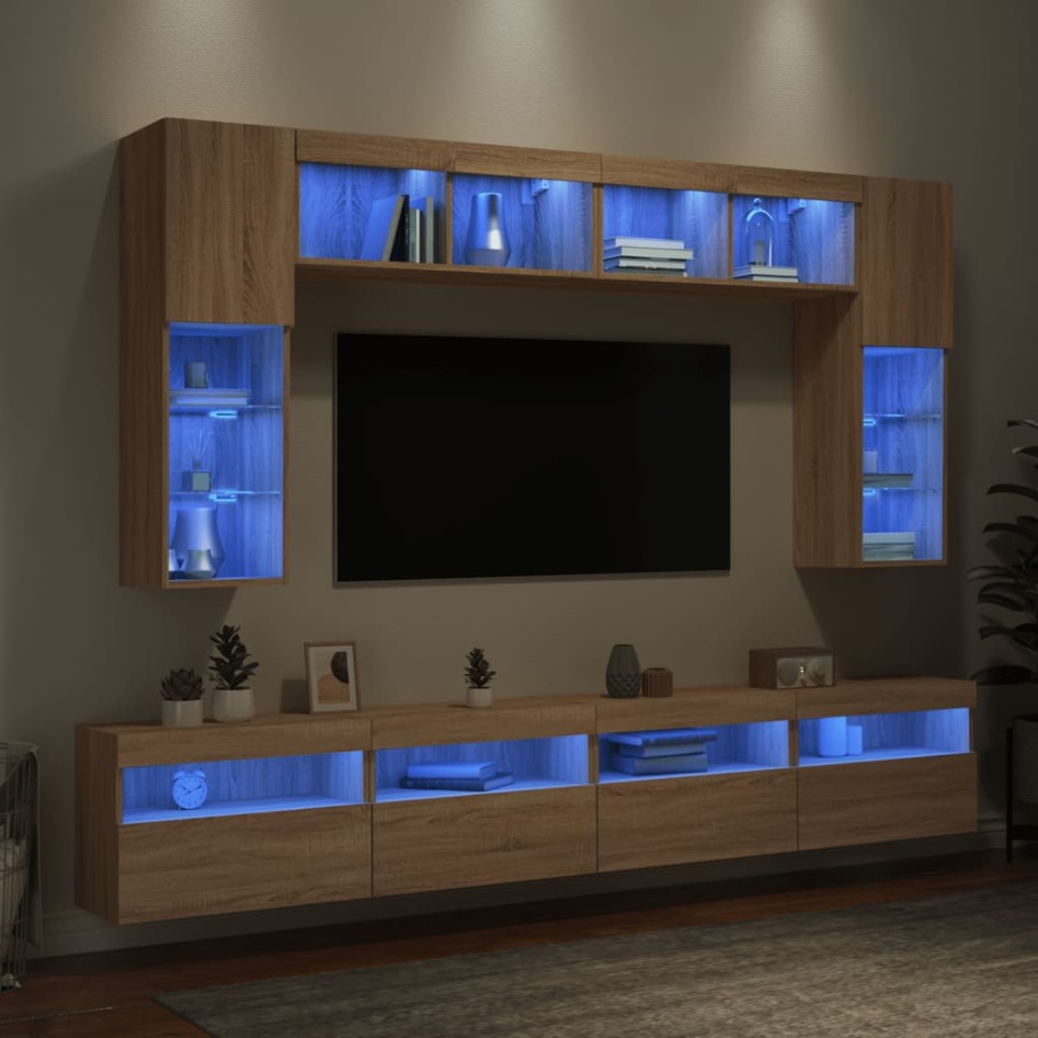 Muebles de TV de pared con luces LED 8 piezas roble