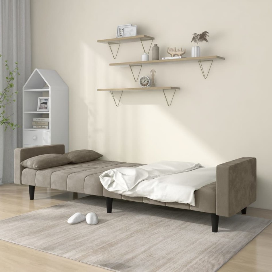 Sofá cama de 2 plazas con dos almohadas terciopelo gris