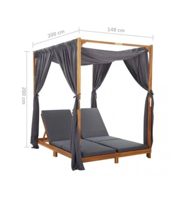 Tumbona doble con cortinas y cojines madera maciza de acacia, Modelo Meceo