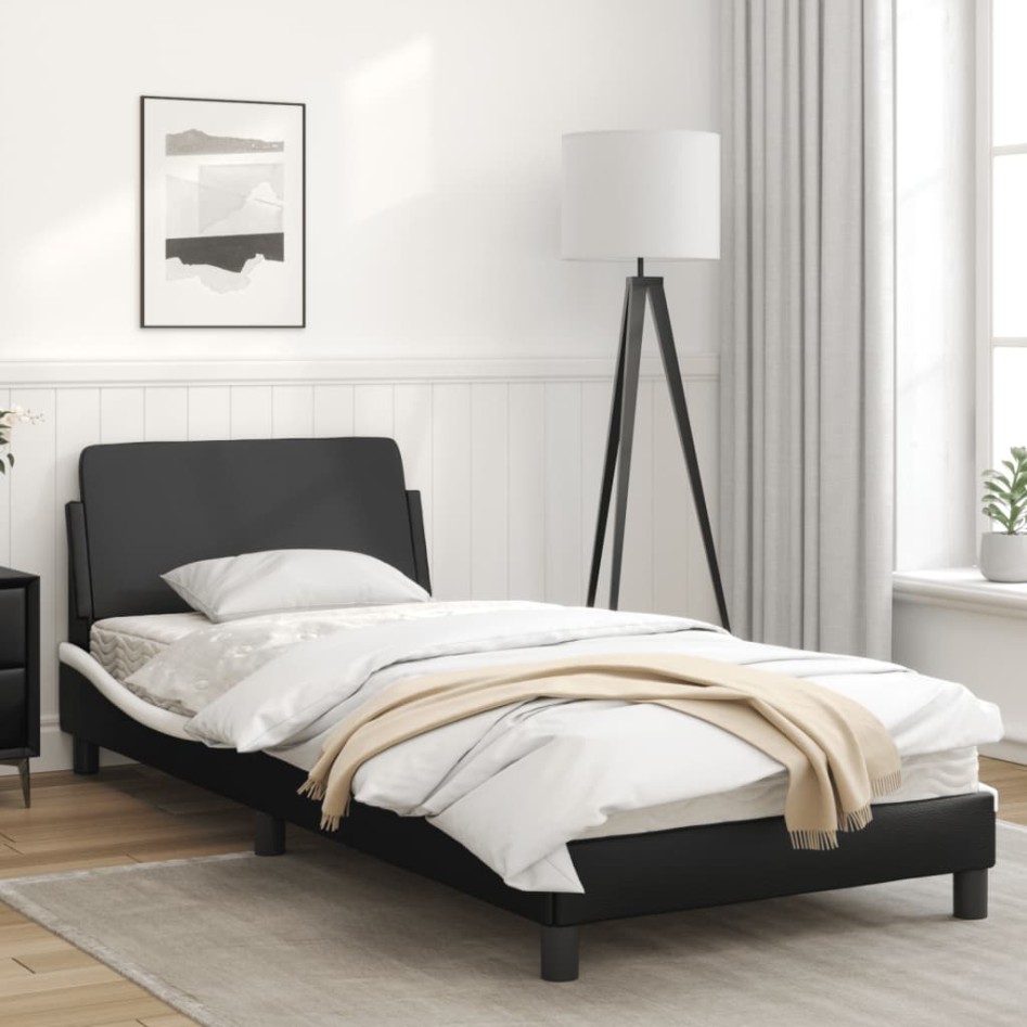 Estructura cama cabecero cuero sintético negro blanco 90x200