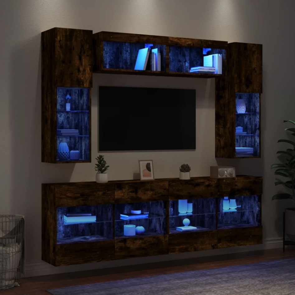 Muebles de TV de pared con luces LED 6 piezas roble