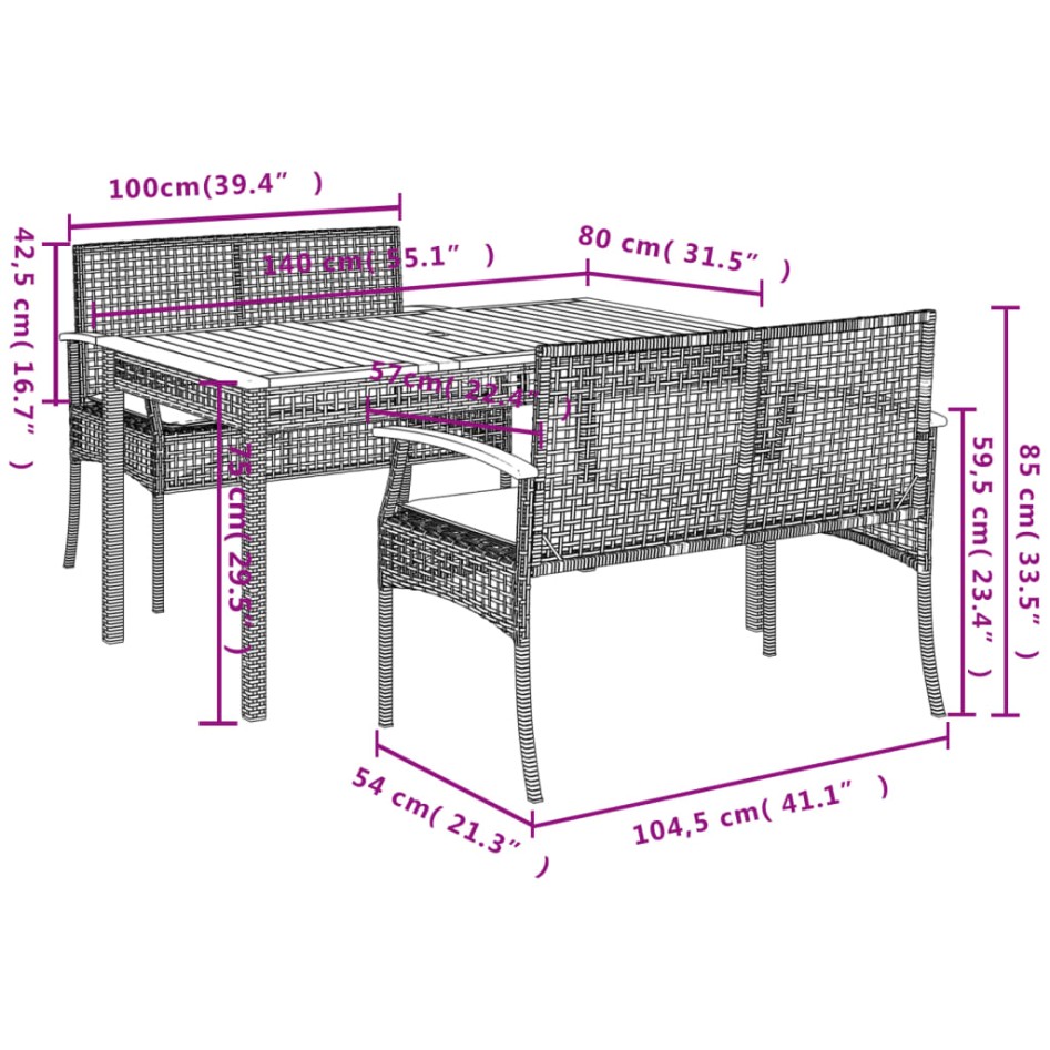 Set comedor de jardín 3 pzas con cojines ratán sintético
