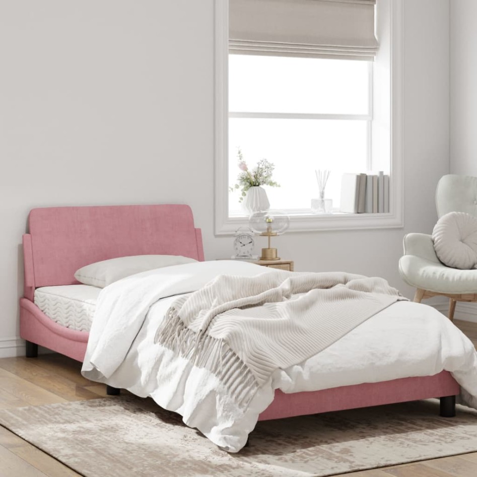 Estructura de cama con cabecero de terciopelo rosa 100x200