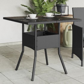 Mesa de jardín superficie de vidrio ratán PE negro 80x80x75