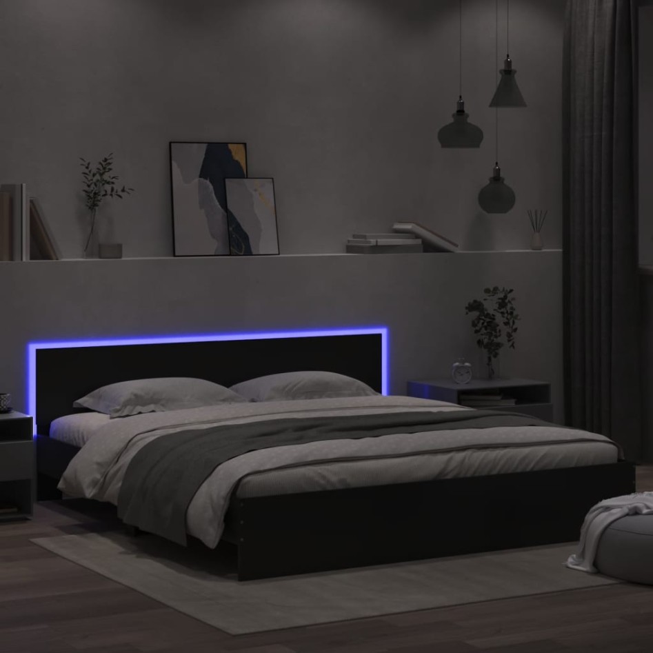 Estructura de cama con cabecero y luces LED negra 200x200