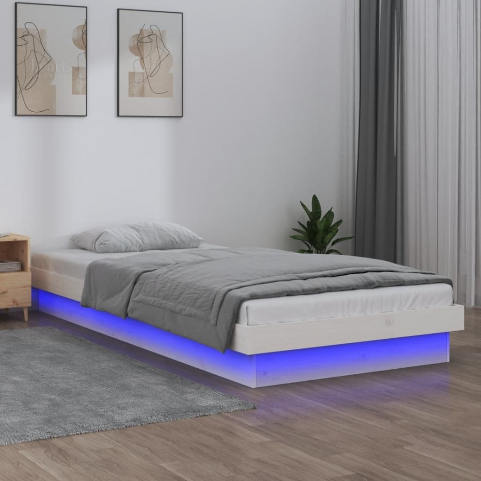 Estructura de cama con LED madera maciza blanca 90x190