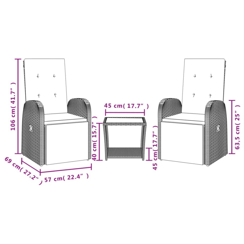 Set comedor de jardín 3 piezas con cojines ratán sintético