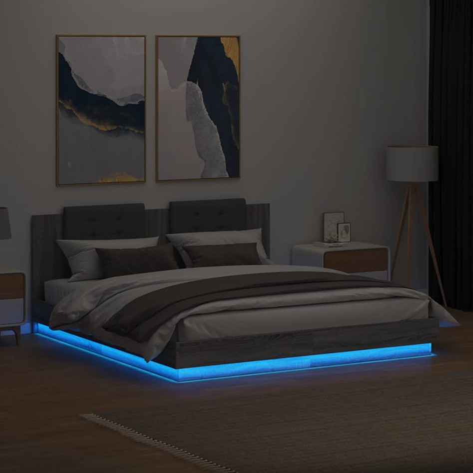 Estructura de cama cabecero luces LED gris Sonoma 160x200