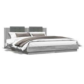 Estructura de cama cabecero luces LED gris Sonoma 200x200