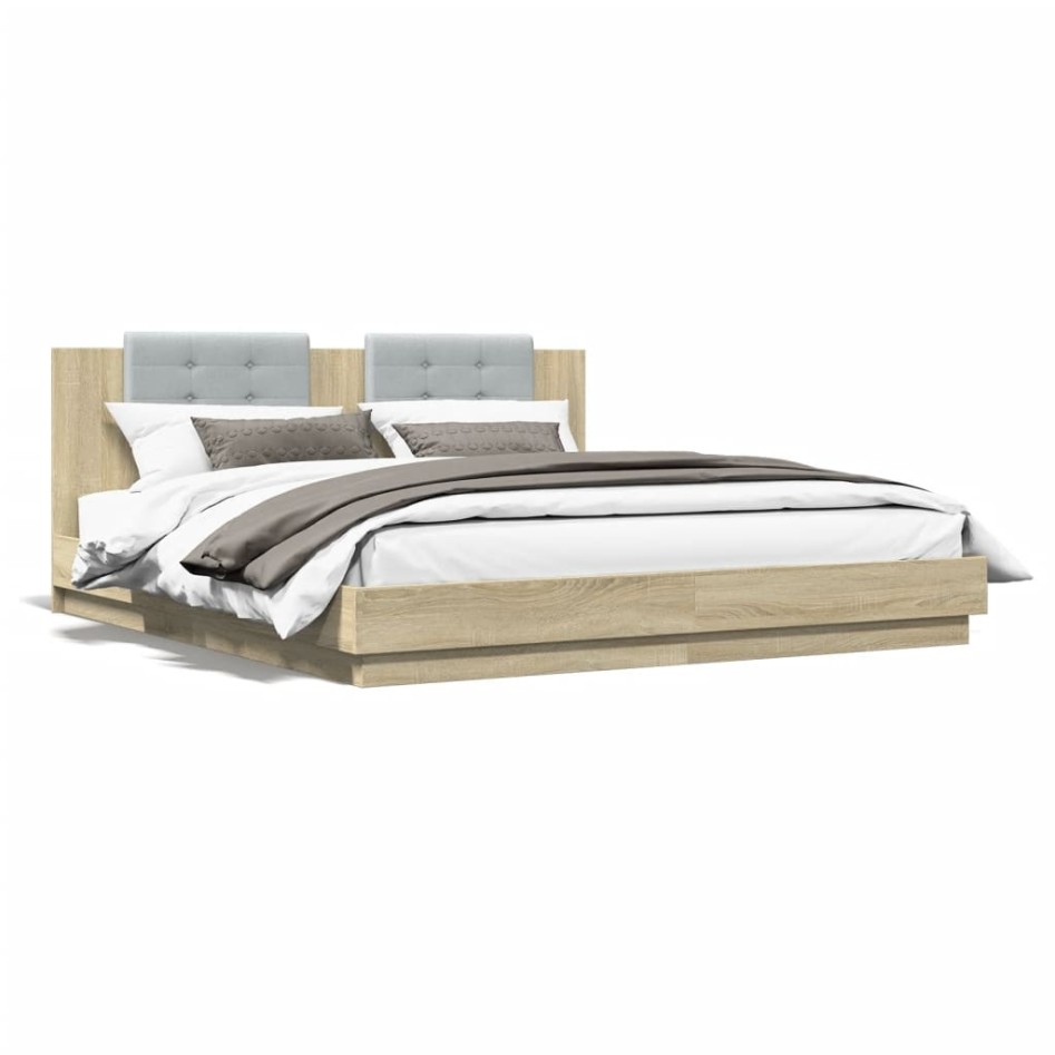 Estructura de cama cabecero luces LED roble Sonoma 160x200