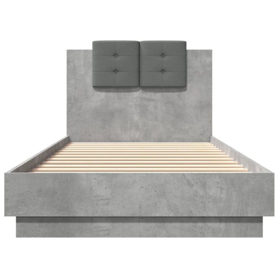 Estructura de cama cabecero luces LED gris hormigón 90x200
