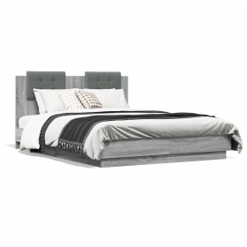 Estructura de cama cabecero luces LED gris Sonoma 140x190