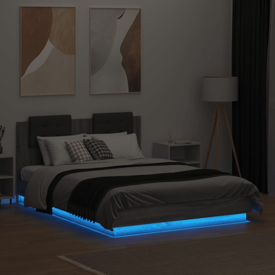 Estructura de cama cabecero luces LED gris Sonoma 140x190