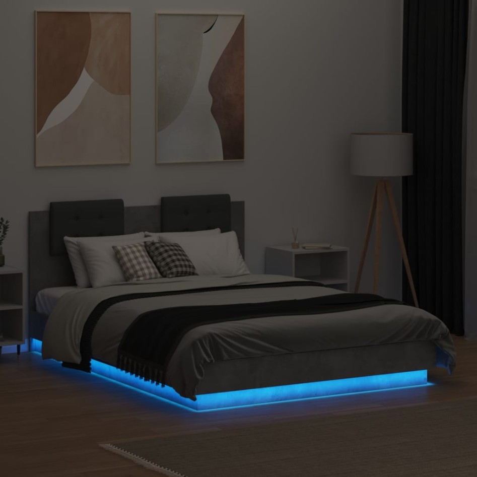 Estructura de cama cabecero luces LED gris hormigón 135x190