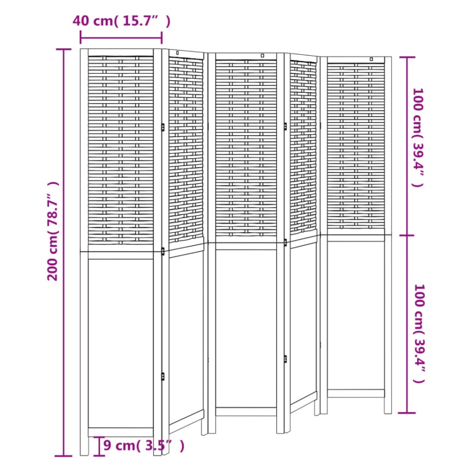 Biombo separador de 5 paneles madera paulownia marrón