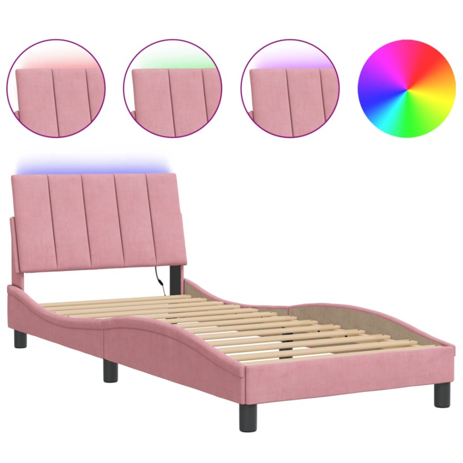 Estructura de cama con luces LED terciopelo rosa 80x200