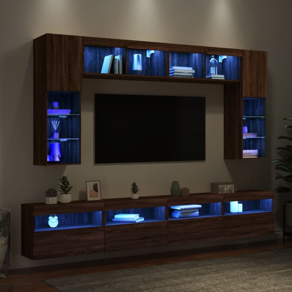 Muebles de TV de pared con luces LED 8 piezas marrón
