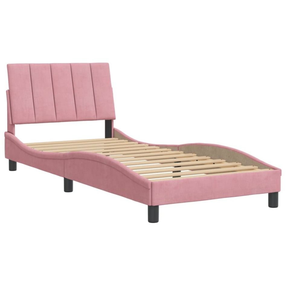 Estructura de cama con cabecero de terciopelo rosa 80x200