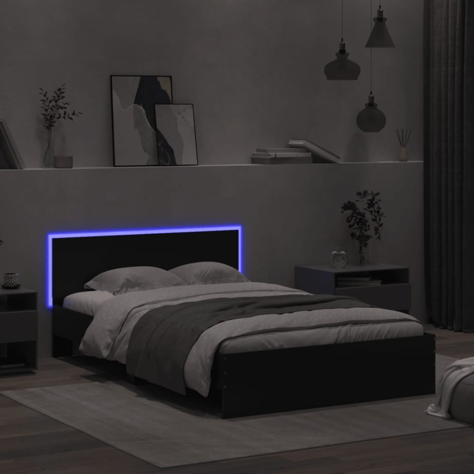 Estructura de cama con cabecero y luces LED negro 135x190