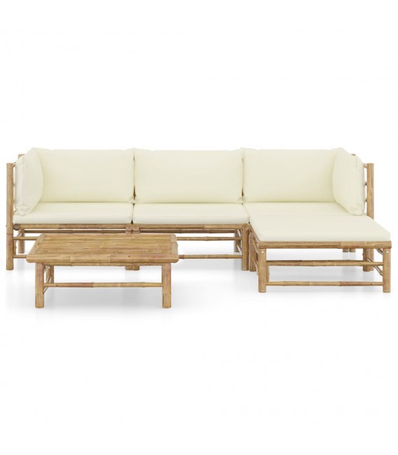 Set de muebles de jardín 5 piezas bambú y cojines blanco crema, Modelo Bembe
