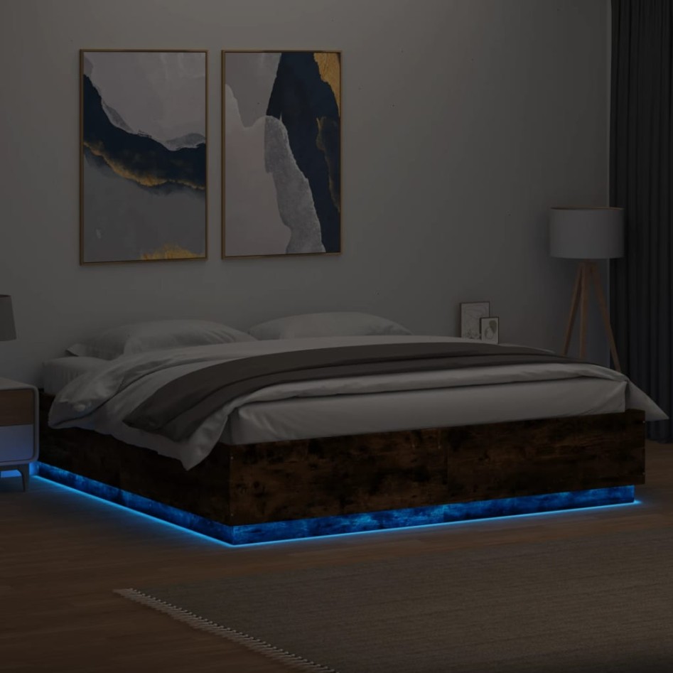 Estructura cama con luces LED madera roble ahumado 200x200