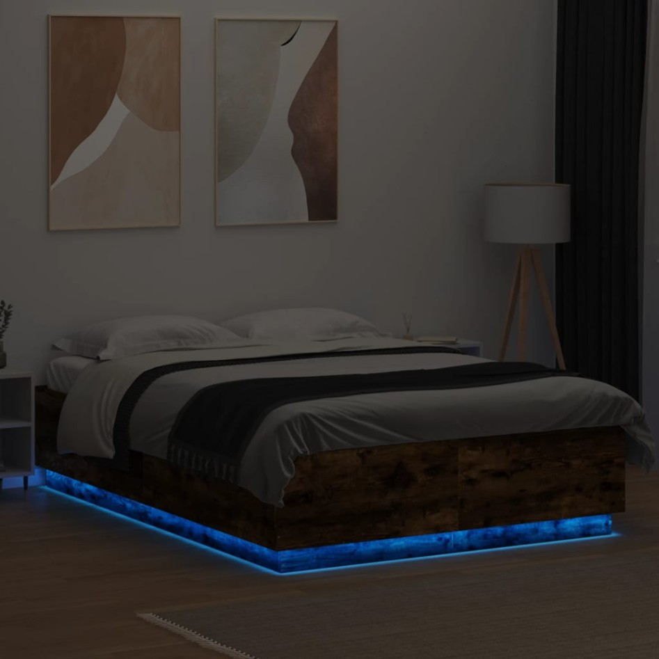 Estructura cama con luces LED madera roble ahumado 150x200