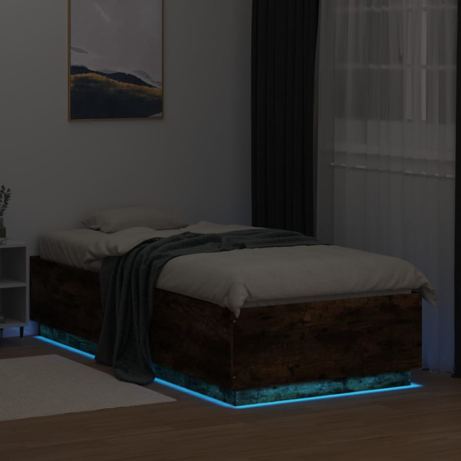 Estructura cama con luces LED madera roble ahumado 100x200