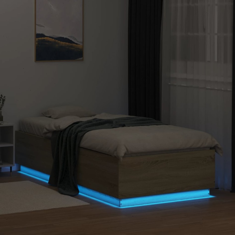 Estructura de cama con luces LED madera roble Sonoma 90x200