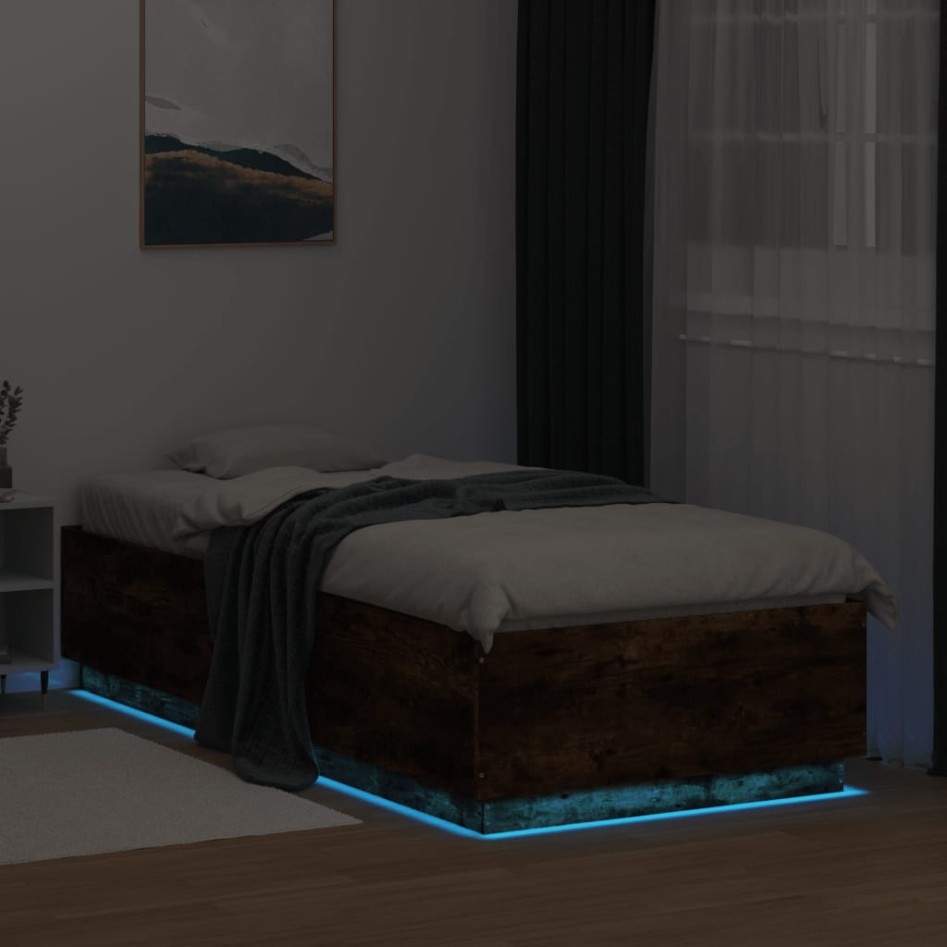 Estructura de cama con luces LED madera roble ahumado 90x200