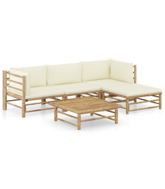 Set de muebles de jardín 5 piezas bambú y cojines blanco crema, Modelo Bembe