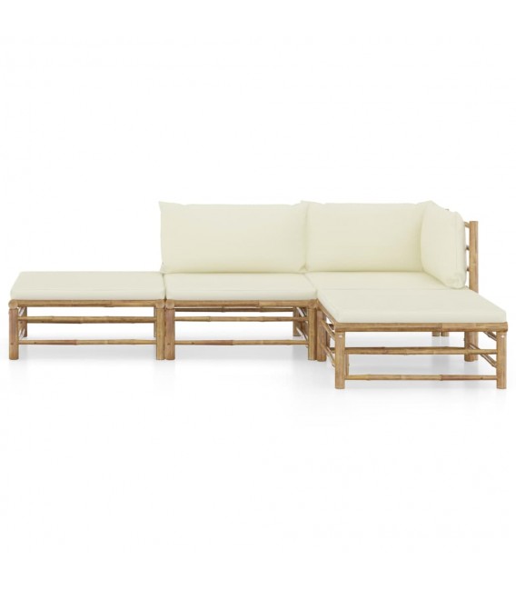 Set de muebles de jardín 4 piezas bambú y cojines blanco crema, Modelo Tucu