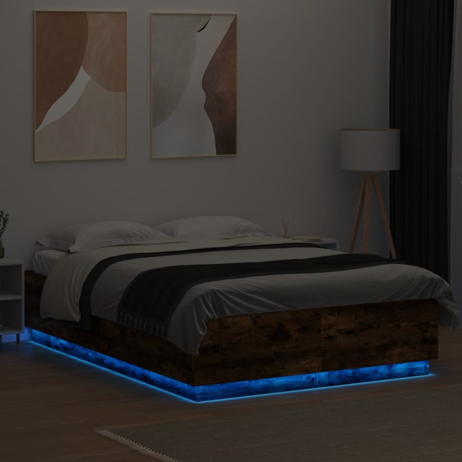 Estructura cama con luces LED madera roble ahumado 160x200