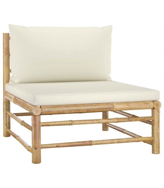 Set de muebles de jardín 4 piezas bambú y cojines blanco crema, Modelo Tucu