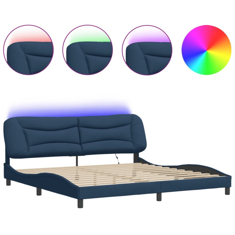 Estructura de cama con luces LED tela azul 200x200
