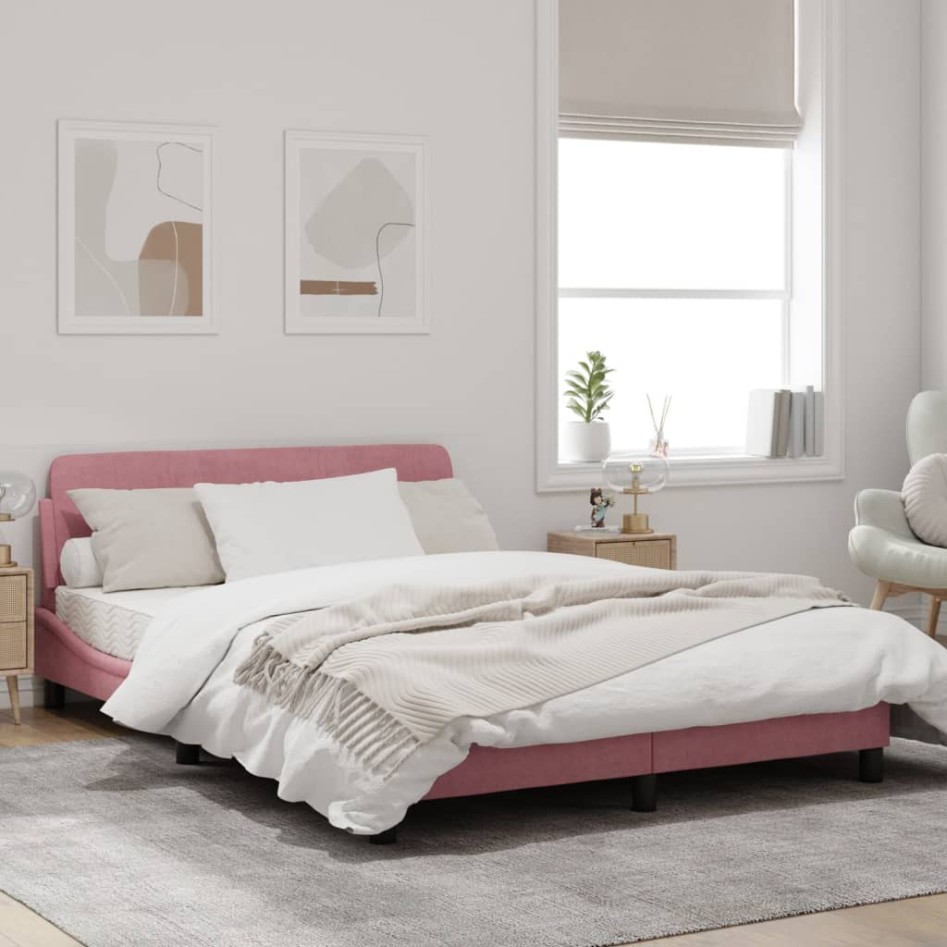 Estructura de cama con cabecero de terciopelo rosa 140x190