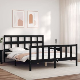 Estructura de cama con cabecero madera maciza negro 160x200