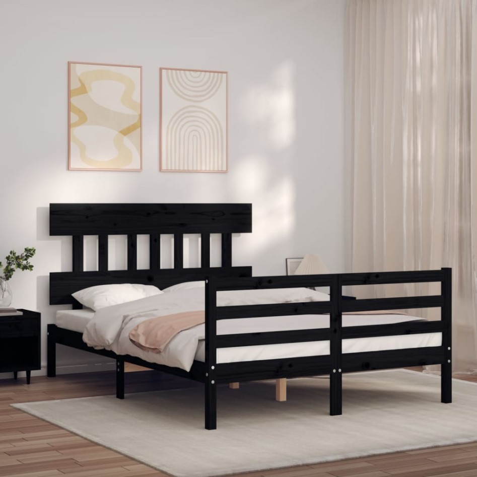 Estructura de cama con cabecero madera maciza negro 120x200