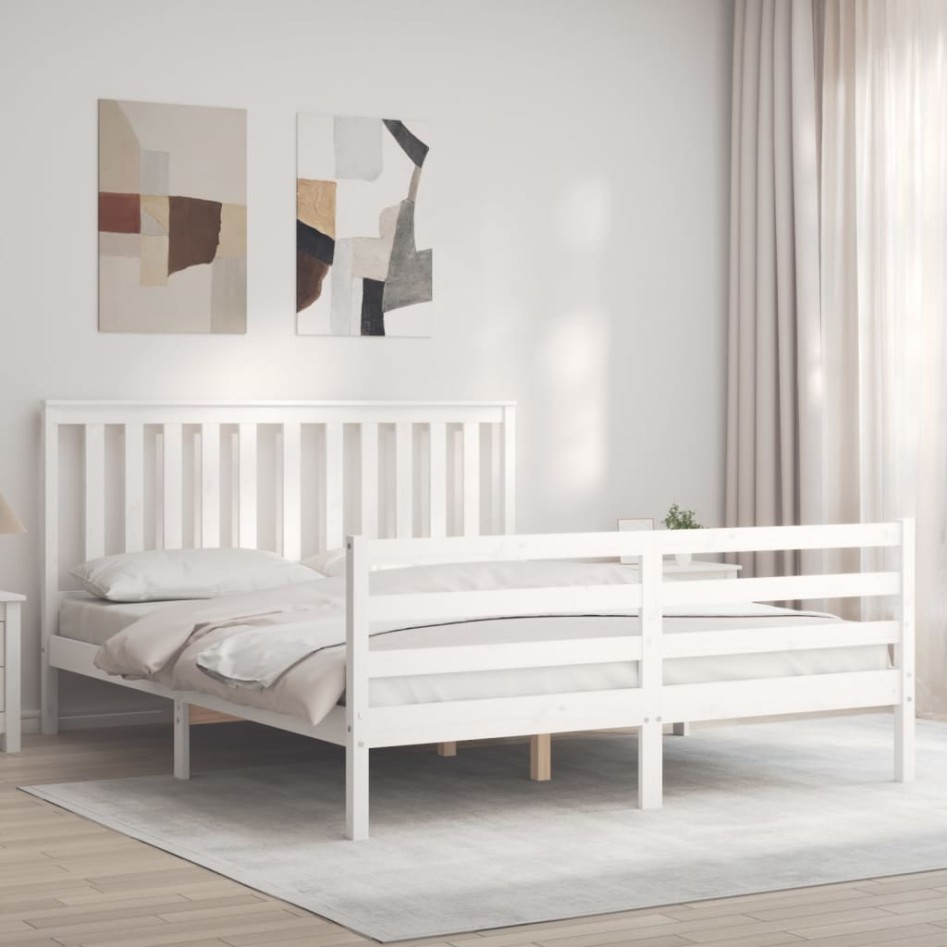 Estructura de cama con cabecero madera maciza blanco 160x200