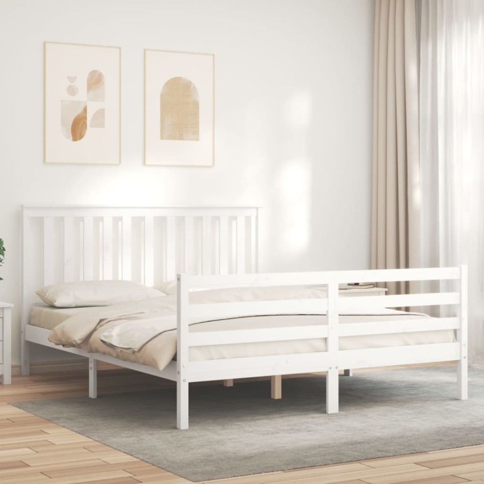 Estructura de cama con cabecero madera maciza blanco 160x200